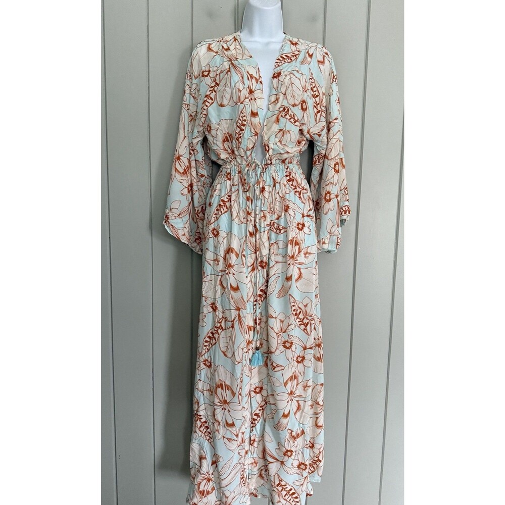 Maaji Maxi Cover-up Kimono Robe One Size Blue Orange Rayon Tie Front
